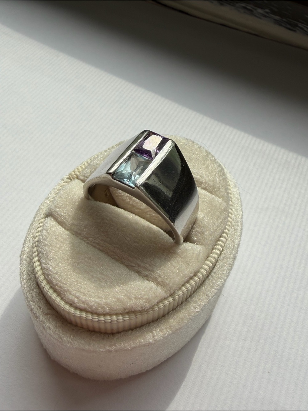 Silver Two-Gem Blue & Purple Ring Size 9 Chunky Modernist Statement Cocktail - Picture 5 of 8